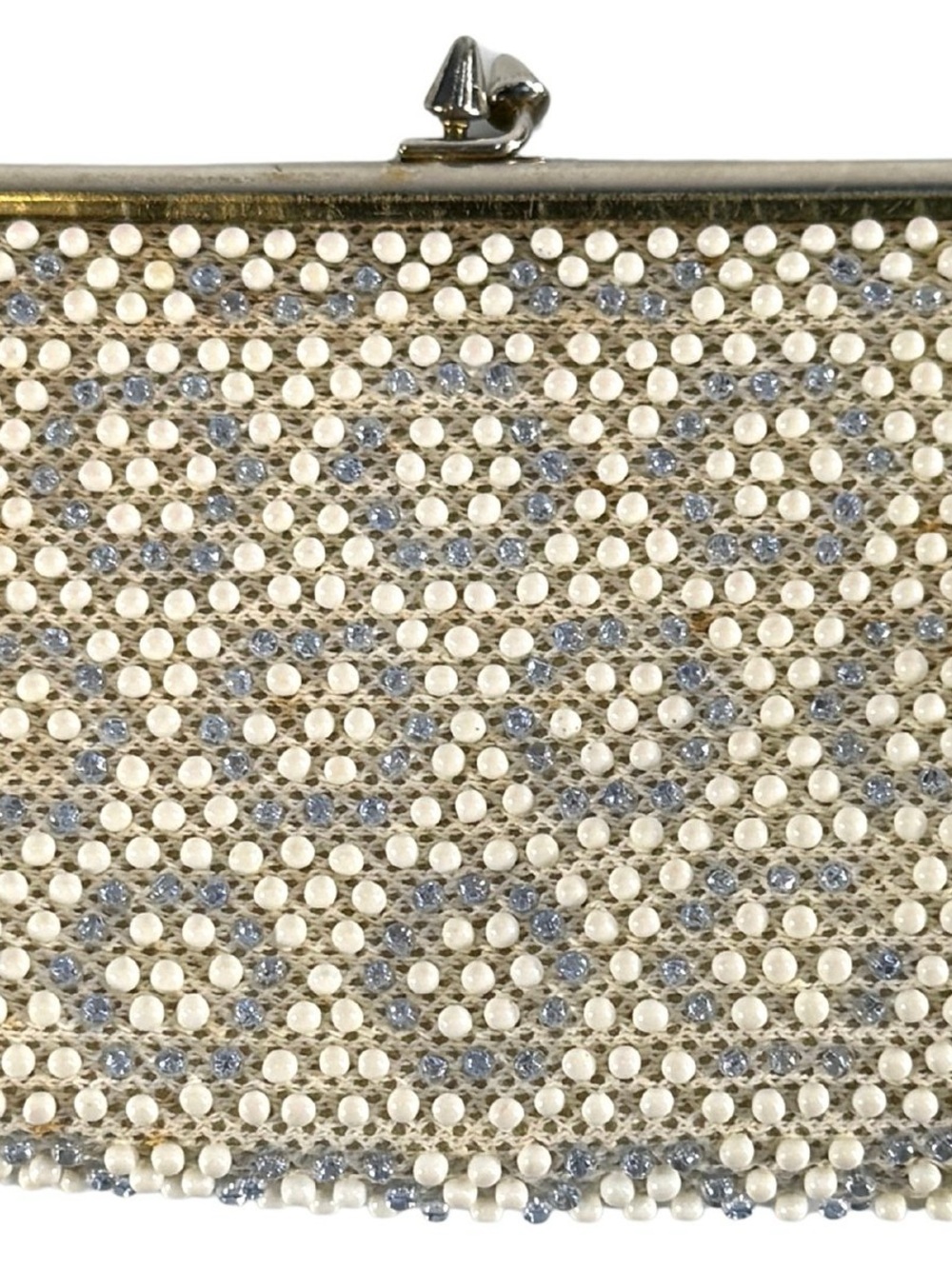 Vintage 1950s Beaded Evening Bag Ivory Blue Kiss Lock Clutch Purse